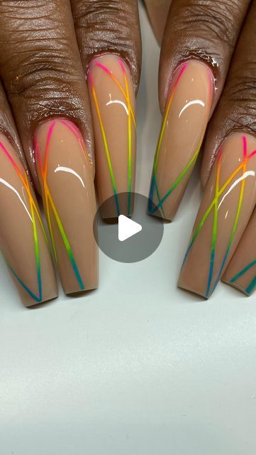 Nails With Line Designs, Long Coffin Nails, Lgbtq Nails Acrylic, Pride Acrylic Nails Long, Coffin Pride Nails, Rainbow Outline Nails, Pride Coffin Nails, Abstract Pride Nails, Pride Month Coffin Nails