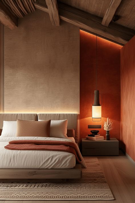 Warm Bedroom Lighting Ideas, Earthy Bedrooms, Earthy Modern Bedroom, Terracotta Accents, Terracotta Bedroom, Hug A Tree, Bedroom Concept, Earthy Modern, Mud Hut