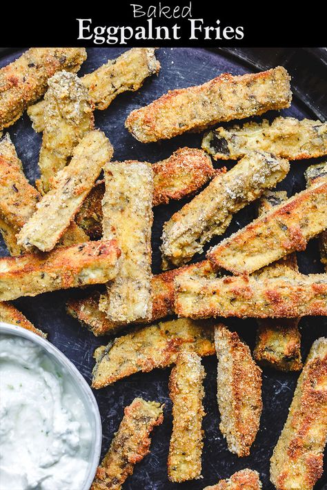 Egg Plant Fries Air Fryer, Dinner With Eggplant, Egg Plant Side Dishes, Eggplant Fries Baked, Eggplant Sides, Baked Aubergine, Baked Eggplant Fries, Egg Plants, Greek Tzatziki Sauce