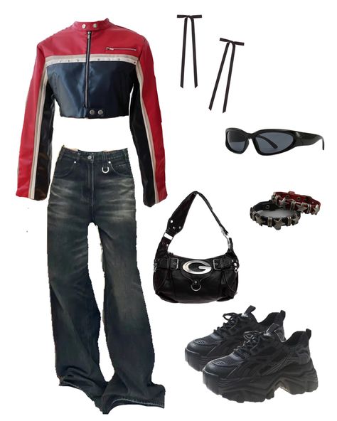 Easy Acubi Outfits, Acubi School Fit, Red Acubi Outfit, Acubi Fashion Jorts, Acubi Leather Jacket Outfit, Racer Jacket, Red Fits, How To Get Money, Girly Things