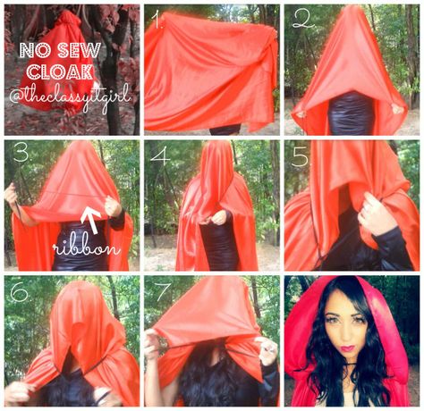 Step 4 is a bit weird looking, but the end result is perfect! Easy 1 Minute NO SEW cloak! Red Riding Hood Cape Diy, No Sew Cloak, Riding Hood Makeup, Red Riding Hood Costume Diy, Red Riding Hood Makeup, Cape Diy, Red Riding Hood Cape, No Sew Cape, Hood Cape