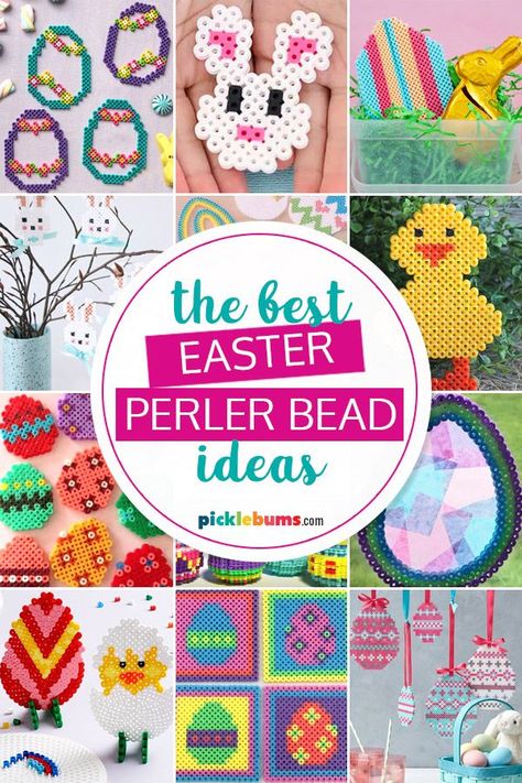 collage of Easter perler bead ideas Easter Perler Bead Patterns, Perler Easter, Easter Hama Beads, Perler Bead Ideas, Mini Hama Beads, Fun Easter Decorations, Craft Activity For Kids, Easy Perler Bead Patterns, Melty Bead Patterns