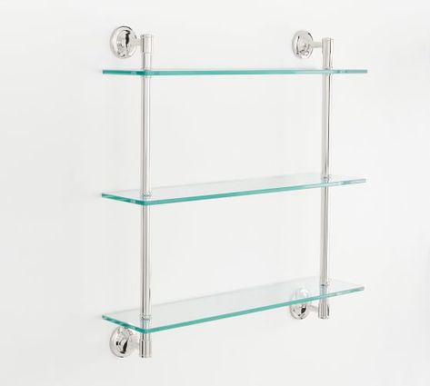 Shelf Bath Hardware | Pottery Barn Wood And Metal Shelves, Glass Bathroom Shelves, Recessed Medicine Cabinet, Bathroom Wall Shelves, Tempered Glass Shelves, Kitchen Cabinet Hardware, Glass Shelf, Glass Bathroom, Metal Shelves