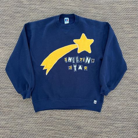 handmade upcycled patchwork shooting star crewneck... - Depop Patch Crewneck Diy, Crewneck Upcycle, Patch Shirt Ideas, Patchwork Sweatshirt Diy, Sweatshirt Upcycle Diy, Diy Patchwork Shirt, Patchwork Shirt Diy, Tshirt Upcycling, Patchwork Crewneck