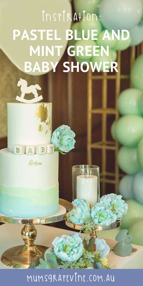 Baby shower inspiration: Pastel blue and mint green gorgeousness! #babyshower #babyshowerideas #babyshowerthemes #duesoon #babyontheway #babyshowerinspiration #hightea # Safari Baby Shower Cake, Office Baby Showers, Mint Baby Shower, Baby Shower Party Planning, Brunch Summer, Pastel Baby Shower, Baby Shower Cakes For Boys, Green Baby Shower, Chic Baby Shower