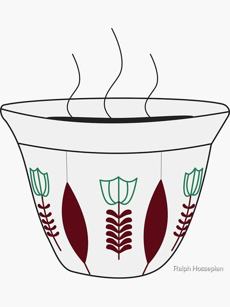 "Arabic oriental coffee cup - Lebanese fenjen ahwe with flowers" Sticker by ralphhovsepian | Redbubble Lebanese Coffee Cup Tattoo, Arabic Coffee Tattoo, Arabic Coffee Drawing, Arabic Coffee Illustration, Lebanese Coffee Cups, Lebanese Pattern, Lebanese Tattoo, Lebanon Drawing Ideas, Lebanese Aesthetic