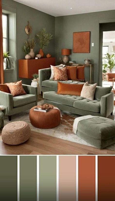 Sage Living Room, Burnt Orange Living Room, Dark Green Living Room, Green Living Room Decor, Living Room Orange, Living Room Color Schemes, Room Curtains, Room Paint Colors, Room Color Schemes