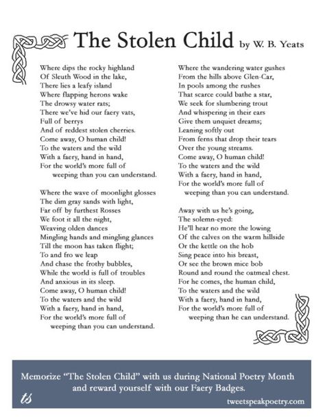 The Stolen Child Printable Yeats Poems, W B Yeats, Song Of The Sea, National Poetry Month, Poetry Month, Poetry Inspiration, Unique Words, Classic Literature, Some Words