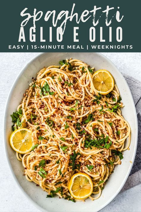 This 15-minute meal hits the refresh button on Spaghetti Aglio E Olio as we know it with the addition of toasted bread crumbs and fresh lemon!#spaghetti #aglioeolio #weeknightdinner #weeknightrecipe #15minutemeal Linguine Aglio Olio, Pasta Aglio E Olio Recipe, Spaghettini Recipes, Spaghetti Noodle Recipes Easy, Aglio E Olio Recipes, Alfredo Mac And Cheese, Aglio Olio Recipe, Garlic Butter Seafood, One Pot Chicken Pasta