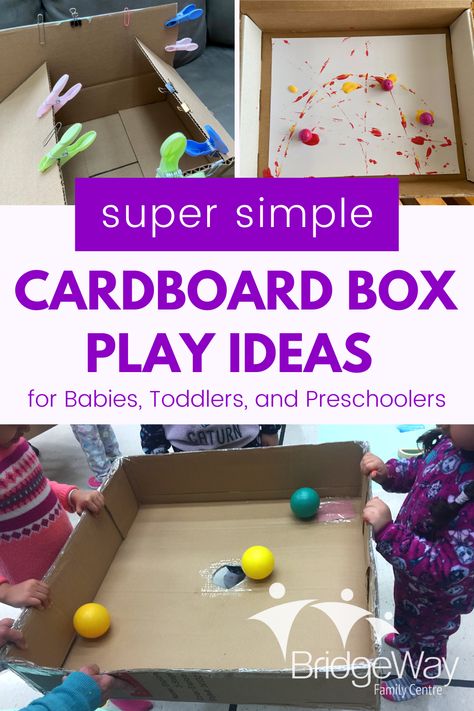 Cardboard box play ideas for babies, toddlers and preschoolers Cardboard Box Play Ideas, Box Construction For Kids, Toddler Cardboard Box Activities, Cardboard Box Activities For Toddlers, Box Theme Preschool, Activities With Boxes, Cardboard Box Games, Cardboard Activities For Toddlers, Cardbox Toys