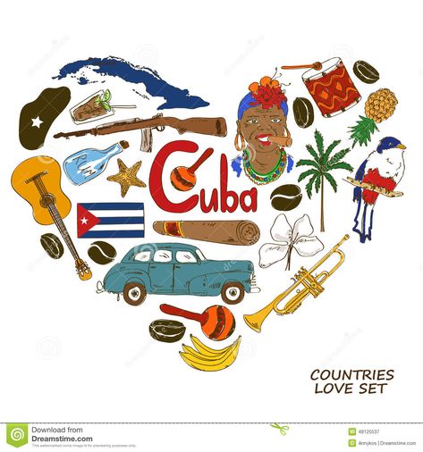 Cuban Symbols In Heart Shape Concept - Download From Over 55 Million High Quality Stock Photos, Images, Vectors. Sign up for FREE today. Image: 48125537 Cuban Tattoos, Cuba Country, Heart Landscape, Havana Nights Party Theme, Vintage Cuba, Travel Background, Cuban Culture, Cuban Art, Screen Cleaner