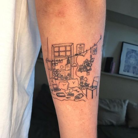 Music And Art Tattoo, Tattoo Of People, Little Women Tattoo, Pottery Tattoo, Room Tattoo, Building Landscape, Calm Room, Artsy Tattoos, Single Needle Tattoo