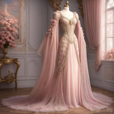 Diaphanous Gown, Fae Dress Gowns, Medieval Fantasy Dress Princesses, Royal Dresses Queens Gowns, Pink Dress Medieval, Pink And Blue Medieval Dress, Light Pink Fantasy Dress, Pink Fantasy Dress, Royal Dresses Queens Fantasy