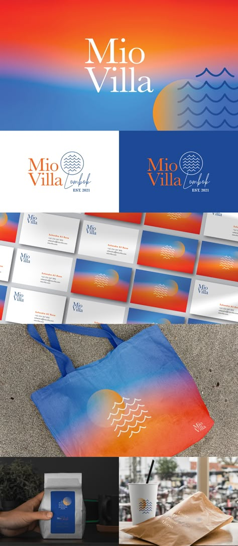 Sunset-inspired orange and blue gradient adorns business materials designed by ecada creative for a villa with tropical vibe brand identity development. Blue And Orange Brand Identity, Blue And Orange Website, Sunset Design Graphic, Blue And Orange Branding, Gradient Brand Identity, Tropical Design Graphic, Travel Brand Identity, Resort Brand Identity, Sunset Branding