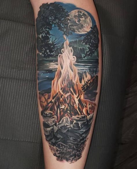 Campfire Tattoo Realistic, Campfire Tattoos, Campfire Tattoo, Silhouette Tattoos, Fire Tattoo, Camp Fire, House Fire, Forearm Tattoos, About Tattoo