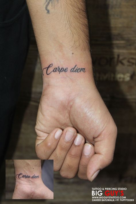 Carpe diem small tattoo on wrist at big guys tattoo and piercings shop Mumbai #carpediem #wristtattoo #mumbaitattoo #mumbai #india #tattoo #tattooz #tattoos #9699735303 Carpe Diem Forearm Tattoo, Carpe Diem Wrist Tattoo, Small Tattoo On Wrist, Tattoo And Piercings, India Tattoo, Tattoo On Wrist, Small Wrist Tattoos, Piercing Shop, Big Guys