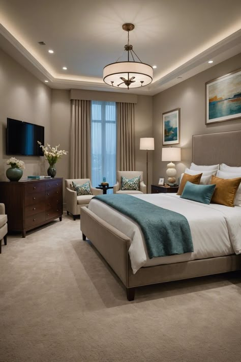 Bedroom Hotel Ideas, Guest Room Design Luxury, His And Her Bedroom Decor, Home Hotel Ideas, Master Bedrooms Hotel Style, Hotel Style Bedroom Ideas, Luxury Hotel Style Bedroom, Married Couple Bedroom Design, Elegant Hotel Room