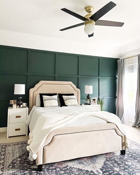 Master bedroom accent wall reveal! Board and batten in a grid pattern Bedroom Wainscoting Ideas Modern, Bedroom Grid Wall, Board And Batten Grid Wall, Grid Wall Bedroom, Grid Board And Batten Wall, Grid Accent Wall Master Bedrooms, Bedroom Accent Wall Green, Primary Bedroom Accent Wall, Grid Accent Wall