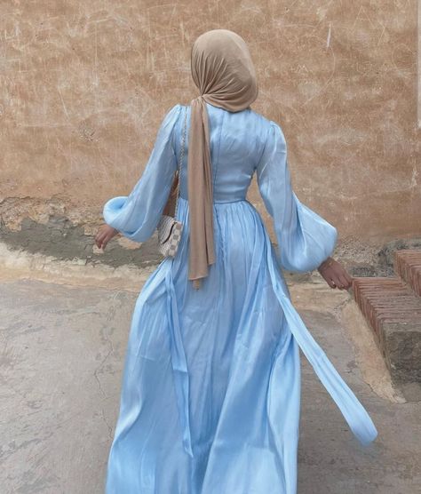 Hijab Eid Outfits Ideas, Baby Blue Outfit Hijab, Hijab Streetwear Outfit, Aesthetic Hijabi Dresses, Blue Hijabi Outfits, Turkish Scarf Hijab Styles, Blue Modest Khimar For Eid, Blue Hijabi Aesthetic, Eid Outfits Ideas