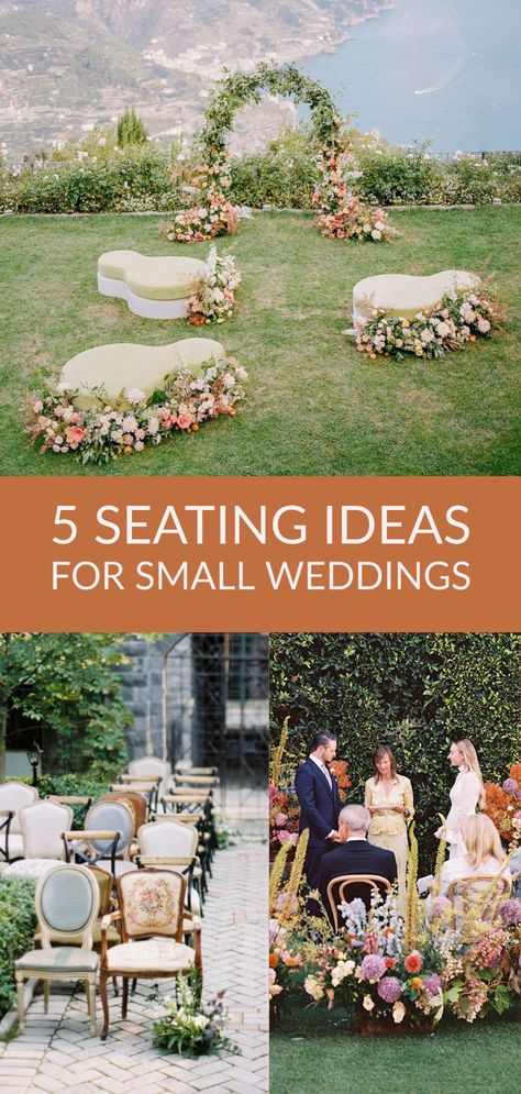 Small Space Wedding Ceremony, Small Wedding Seating Ideas, Semi Circle Wedding Seating, Micro Wedding Seating Ideas, Small Wedding Ceremony Seating, Small Wedding Seating Layout, Benches For Wedding Ceremony, 50 Person Wedding Seating, Small Wedding Ceremony Decor