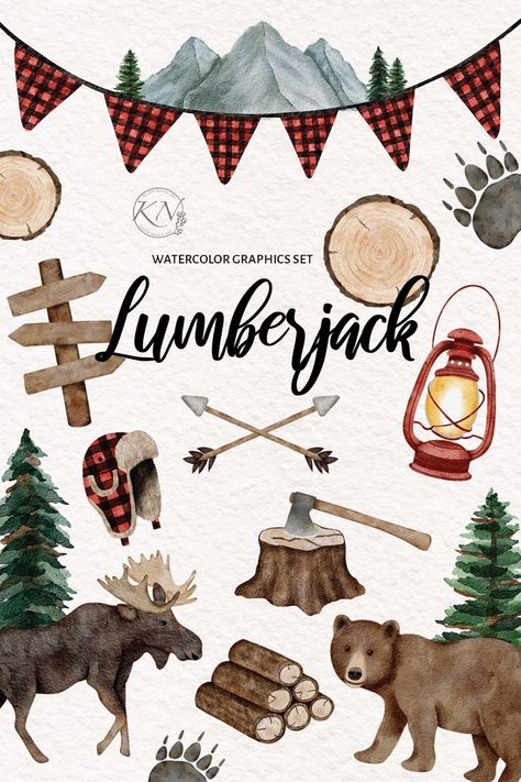 Lumberjack watercolor clipart Digital Card Ideas, Jeep Birthday, Lumberjack Hat, Wooden Sign Posts, Lumberjack Man, Lumberjack Nursery, Lumberjack Theme, Bear Paw Print, Adventure Baby Shower