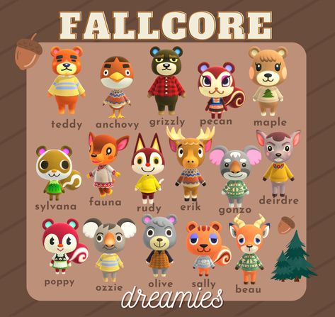 Best villager picks for a fallcore/forestcore island 🤎 Animal Crossing New Island Ideas, Forest Villagers Acnh, Forestcore Animal Crossing Villagers, Popular Acnh Villagers, Fall Villagers Acnh, Aesthetic Villagers Acnh, Animal Crossing Villager Aesthetic, Acnh Villagers Aesthetic, Acnh Aesthetic Villagers