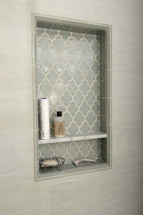 Persian Style Tumurid Shower Shelf #showertiles #tiles #decorhomeideas Tile Shower Niche, Fixer Upper Bathroom, Bathroom Niche, Shower Inserts, Diy Dresser Makeover, Shower Niche, Bathroom Shower Tile, Diy Dresser, Diy Furniture Easy