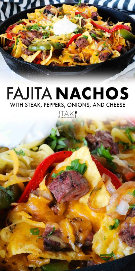 Mexican Food Appetizers, Steak Fajita Nachos, Fajita Nachos Recipe, Fajita Nachos, Steak Peppers, Steak Nachos, Mexican Food Recipes Appetizers, Homemade Nachos, Nachos Recipe Easy