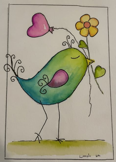 Whimsical Birds Drawing, Whimsical Art Paintings Watercolour, Bird Doodle Art, Watercolor Birds Tutorial, Bird Doodle, Valentines Watercolor, Doodle Art Flowers, Whimsical Art Paintings, Whimsy Art