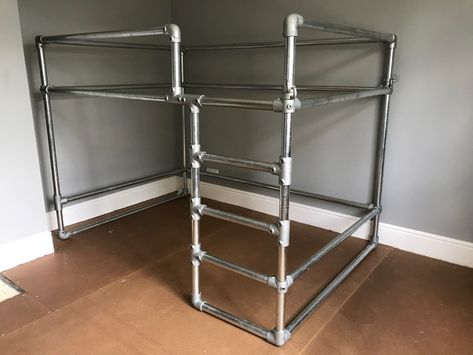 Scaffolding pipe loft bed, basic frame Parts from The Metal Store and built to take a small double mattress - more pics to follow Metal Loft Bed Ideas For Small Rooms, Pipe Bed Frame, Loft Bed Ideas For Small Rooms, Pipe Bed, Micro House Plans, Mezzanine Bed, Tiny Bedroom Design, Bed With Wardrobe, Metal Store