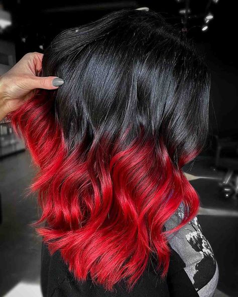 Black Hair Red Tips, Red Hair Tips, Black To Red Ombre, Dark Red Hair Color, Black Red Hair, Red Ombre Hair, Black Hair Dye, Dyed Red Hair, Dark Red Hair