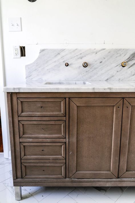 Our Scalloped Marble Backsplash in the Bathroom Reno - Bless'er House Marble Backsplash Bathroom, Cleaning Shower Tiles, Vanity Backsplash, Countertop Backsplash, Suite Bathroom, Bathroom Redesign, Marble Backsplash, Wall Mount Faucet, Bathroom Backsplash