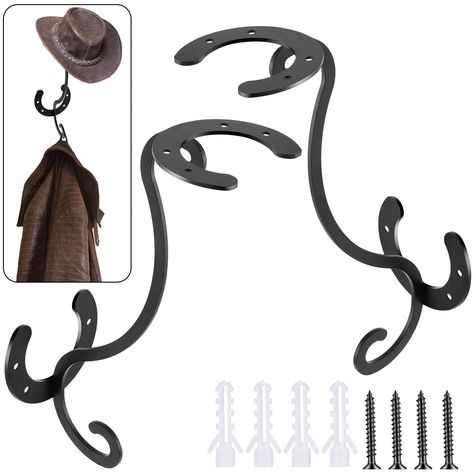 Cowboy Hat Holder, Wall Mounted Hat Rack, Metal Cowboy, Cowboy Hat Rack, Hat Organizer, Horseshoe Crafts, Hat Holder, Hat Hanger, Hat Organization