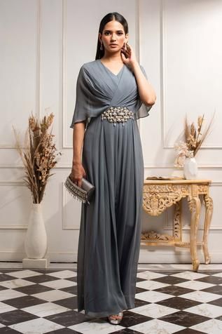 Shop for Seema Thukral Blue Pure Georgette Jumpsuit for Women Online at Aza Fashions Party Wear Outfits Western, Georgette Dress Western, Indo Western Outfits For Women, Panda Sketch, Draped Jumpsuit, Petal Sleeves, Western Dresses For Women, Georgette Gown, Latest Dress Design