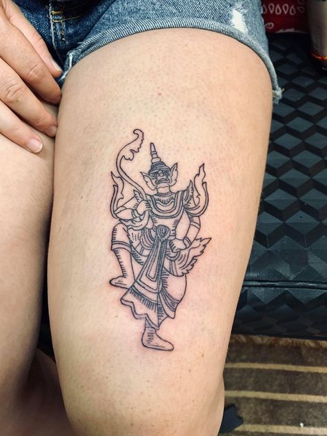 The most common mythological being is the Belu, an ogre. The popularity of the Belu is due to the Yama Zatdaw, the Burmese version of the Ramayana, a very popular play in Myanmar, and also their roles in the Jatakas. Myanmar Tattoo Art, Burmese Traditional Tattoo, Myanmar Tattoo Design, Burma Tattoo, Ogre Tattoo, Burmese Tattoo, Myanmar Tattoo, Fancy Tattoo, Praying Hands Tattoo Design