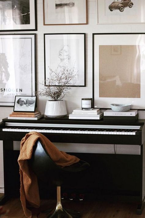 Snapshots From a Cosy Home in Smögen, Sweden | my scandinavian home | Bloglovin’ Style Piano Top, Home Music Corner, Piano Space Ideas, Bedroom Piano Keyboard, Keyboard Room Decor, Keyboard Bedroom Ideas, Black Piano In Living Room, Keyboard Piano In Living Room, Keyboard Living Room Decor