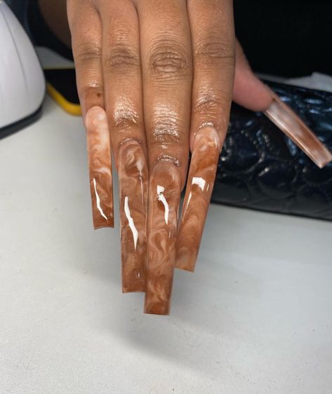 Chocolate Swirl Nails, Ratchet Nails, Chocolate Nails, Swirl Nails, Brown Acrylic Nails, Multicolored Nails, Drip Nails, Chocolate Swirl, Glow Nails