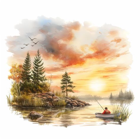 14 Watercolor Fishing Scenes, Serene Lake Views for Scrapbooking, Journaling, Digital Crafts, Nature-Themed Decor, High-Quality JPGs Watercolour Lake, Watercolor Fishing, Crafts Nature, Journaling Digital, Themed Decor, Nature Themed, Lake View, Beautiful Landscapes, Cityscape