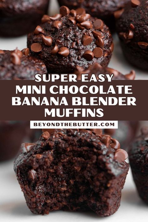 If you're looking for a quick and easy breakfast treat or afternoon snack, these Mini Chocolate Banana Blender Muffins are sure to please! Made in a blender and baked in a mini muffin tin, these moist and rich muffins are packed with lots of banana flavor, rolled oats, chocolate, and mini chocolate chips! Find the full recipe on BeyondtheButter.com! Chocolate Mini Muffins Easy, Healthy Chocolate Mini Muffins, Banana Chocolate Muffins Easy, Mini Muffin Tin Recipes Healthy, Banana Oat Chocolate Chip Muffins, Mini Banana Chocolate Chip Muffins, Easy Banana Chocolate Chip Muffins, Banana Mini Muffins, Banana Chocolate Muffins