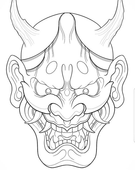 Hannya Mask Tattoo Stencil, Hanya Mask Sketch, Oni Tattoo Stencil, Samurai Mask Tattoo Stencil, Oni Mask Outline, Hanya Mask Drawing, Japanese Mask Drawing, Hannya Mask Drawing, Japanese Hannya Mask Tattoo Design