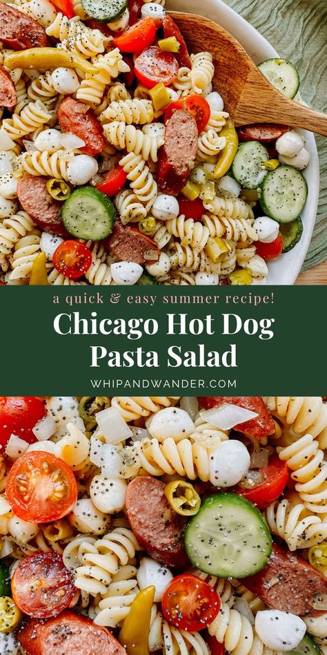 Get ready to savor the flavors of the Windy City with this unique twist on an iconic Chicago dish! This flavorful Chicago Hot Dog Pasta Salad recipe combines the iconic elements of a Chicago-style hot dog with the convenience of a refreshing pasta salad. This quick and easy dish is perfect for summer gatherings because it preps beautifully in advance and can be made in about 35 minutes! Hot Dog Pasta, Fried Hot Dogs, Easy Bbq Recipes, Chicago Style Hot Dog, Chicago Hot Dog, Comfort Casseroles, Pasta Noodle Recipe, Seasonal Cooking, Cold Pasta Salad