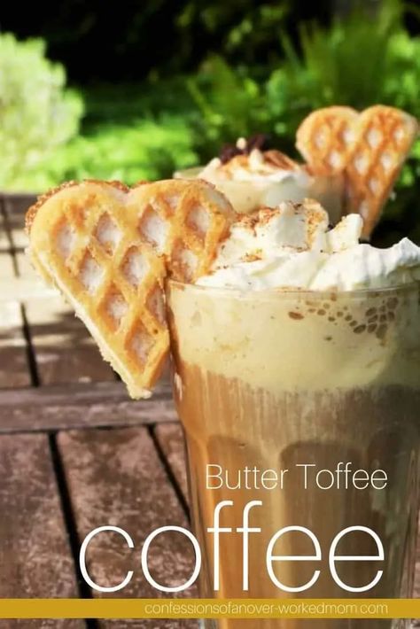 Butter Toffee Coffee Recipe | Confessions of an Overworked Mom English Toffee Coffee Recipe, Toffee Coffee Recipe, Blended Coffee Recipes, Toffee Coffee, English Toffee Recipe, Homemade Coffee Creamer, Frappe Recipe, Coffee Creamer Recipe, Homemade Toffee