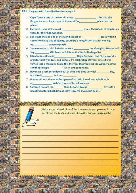 Describing places interactive and downloadable worksheet. You can do the exercises online or download the worksheet as pdf. The Worksheet, Descriptive Writing, Writing Tasks, English As A Second Language (esl), English Tips, English As A Second Language, Writing Lessons, Online Workouts, Grammar