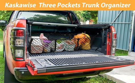 Pickup Cargo net is the most monvenient and practical trunk bed organizer.The truck net features three pockets which helps to organize or store sports gear,ball,groceries,emergency kit,tools,vehicle Storage Accessories etc.The days of groceries rolling around on the drive home are over.3 pocket Cargo Net allows you to easily access all the items you put in your trunk.And keep your storage area organized and clutter free. Trunk Bed, Truck Bed Organization, Bed Organizer, Truck Accesories, Bed Organiser, Vehicle Storage, Pickup Trucks Bed, Car Toyota, Mesh Storage