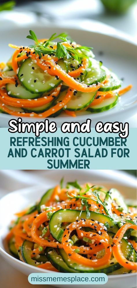 Dive into freshness with this colorful Cucumber and Carrot Salad! Perfect for picnics or as a light lunch, it combines crunchy cucumbers and sweet carrots with a zesty dressing. Ready in just 15 minutes, this vibrant dish is not only delicious but packed with nutrients. Customize it by adding your favorite veggies or nuts for extra crunch! Try it today and enjoy a burst of flavor in every bite 🌿🥗 Don’t wait, pin this recipe now! Carrots And Celery Recipes Dinners, Cucumber Dressing Recipe, Colorful Carrots Recipe, Carrot Celery Onion Recipes, Asian Carrot Salad, Carrot Top Recipes, Carrot Salad For Hormones, Shade Veggies, Cucumber Dressing