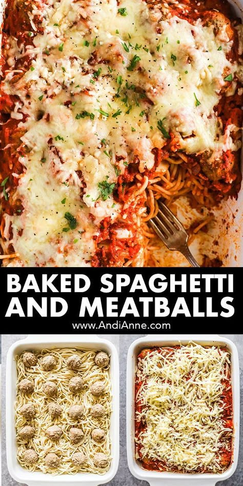 Baked Spaghetti And Meatballs Recipe, Meat Ball And Spaghetti, Baked Spaghetti And Frozen Meatballs, Make Ahead Spaghetti And Meatballs, Frozen Meatballs And Spaghetti, Oven Baked Spaghetti And Meatballs, Spaghetti Meal Ideas, Spaghetti Meatball Bake, Loaded Baked Spaghetti