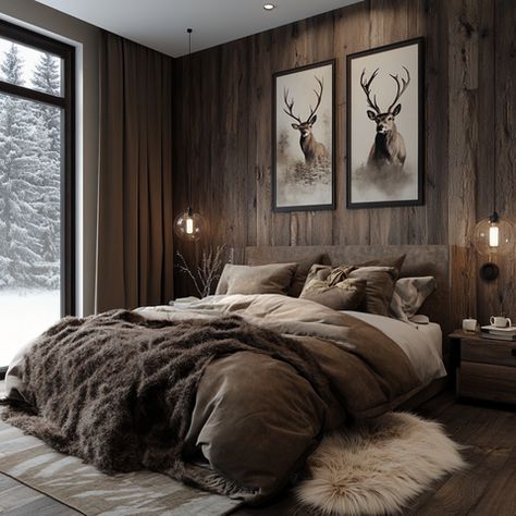 How to Achieve a Rustic Modern Mountain-Themed Bedroom Design – FAYA Interior Design Mountain Bedroom Decor Master Suite, Mountain Guest Bedroom, Mountain House Bedroom Decor, Modern Log House Interior Design, Modern Farm Bedroom Ideas, Cottage Interior Design Bedroom, Modern Farmhouse Interior Design Bedroom, Mountain Style Bedroom, Nature Home Design