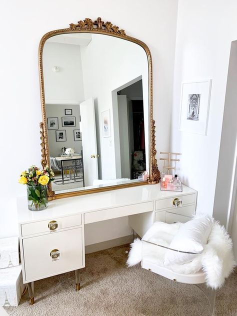 Long Mirror Vanity, Anthropologie Vanity, Vanity Desk Aesthetic, Regency Desk, Gleaming Primrose Mirror, Primrose Mirror, Hardwood Desk, My Vanity, Long Mirror