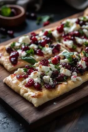 Roasted Cranberry and Goat Cheese Flatbread with sweet-tart cranberries and creamy goat cheese. A festive appetizer or light meal. Cranberry And Goat Cheese Appetizer, Fall Party Entree, Cranberry Christmas Recipes, Roasted Cranberry Goat Cheese Flatbread, Ww Christmas Recipes, Thanksgiving Orderves, Easy Fall Appetizers For A Party, Orderves Appetizers Appetizer Ideas, Easy Light Dinner Recipes