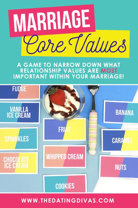 Improve your marriage now! Play the Core Values Couples Game and figure out how to get more out of your marriage! #corevalues #listofvalues #sharedvalues #couplesgame #datingdivas Anniversary Games For Couples, Relationship Values, Marriage Games, Couples Game Night, Anniversary Games, Marriage Retreats, Games For Couples, Goals Relationship, Chocolate Whipped Cream